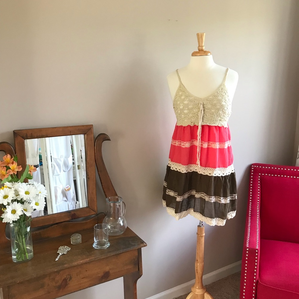 Chelsey coral & brown sun dress w/ crochet & lace